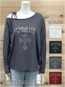 【2025新作】ラインストーンクロスワンショルドルマンロンT/プリントTシャツ