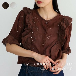 Button Shirt/Blouse Frilled Blouse Scalloped Lace 100% Cotton