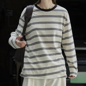 u29154 韓国風 モード ゆったり ラウンドネック ワイドストライプ 長袖 Tシャツ レディース 2025秋新作