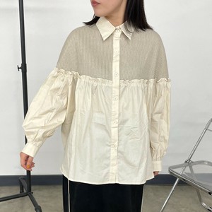 Button Shirt/Blouse Gathered Shirt Knit Sew Mixing Texture Switching [2025 NEW]