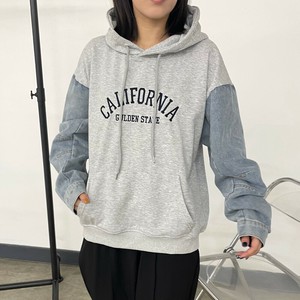 即納【2025新作】袖デニム切替ロゴパーカー　デザイントップス　フーディ—　大人カジュアル　秋服　冬服