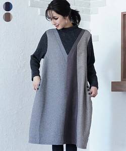 【特別価格】異素材切替長袖モックネックAラインワンピース レディース ミセス 婦人服 36-0939