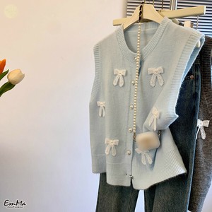 刺繍リボンニットベスト ラウンドネック 春 秋 フェミニン カジュアル  【2025AW】ONA1169