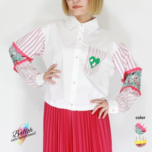 【2025年 新作 ブラウス】花柄＆ストライプのパッチワーク☆ドローコード付ショート長袖シャツ
