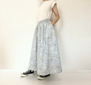 【handmade】Cat and floral　Long skirt　Cotton with pocket　double gauze　Made in japan