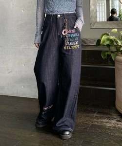 【2025秋冬新作】もじもじ刺繍デニム ワード刺繍ダブルウエストワイドデニムパンツ レディース