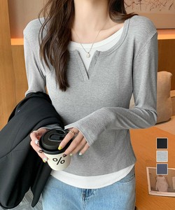 国内即納 レイヤード風Tシャツ スリットネック秋服