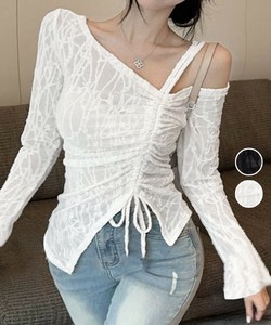 国内即納 ワンオフショルダーレースTシャツギャザー