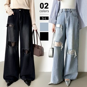 ダメージレースデニム デニムパンツ ダメージジーンズ ワイドパンツ ダメージデニム レース ダメージ