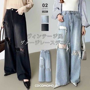 ダメージレースデニム デニムパンツ ダメージジーンズ ワイドパンツ ダメージデニム レース ダメージ