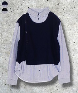 【2025新作】レイヤード風ニットベスト付きストライプシャツブラウス レディース ミセス 婦人服 46-0267