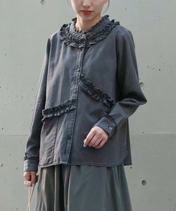 【2025秋冬新作】流れるデニフリルSH 襟なし 長袖フリルデニムブラウス 前開き レディース