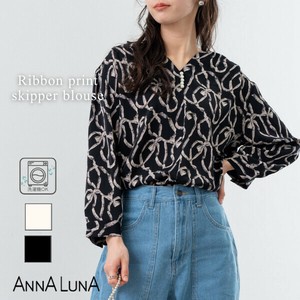 【ANNALUNA】リボン柄7分袖スキッパーブラウス