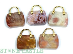 ☆一点物☆【ペンダントトップ】化石珊瑚(フォシルコーラル) バッグ型 (5個セット) No.06