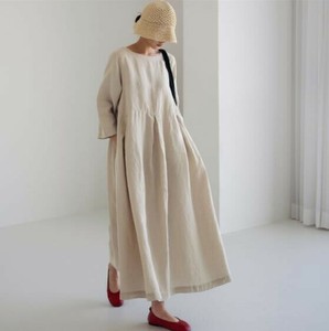ワンピース ラウンドネック  コットンリネン  無地 ゆったり 快適 レディース ファッション  WCMA666