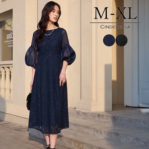 【M-XL】総レースを重ねた気品漂うミモレ丈ドレス。