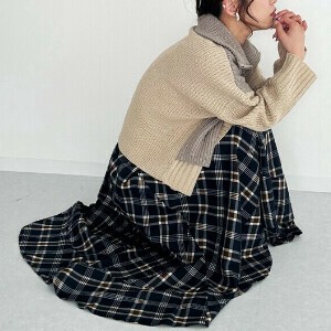 裙子 女士 裙子 腰部 喇叭裙 格子图案 到脚踝长裙