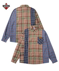 【HOOK -original-】古着風チェック柄マルチ切り替えビッグシャツ メンズ レディース トップス