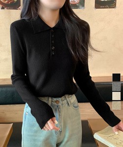 国内即納 ポロリブニットトップス ベーシック春秋服