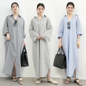 ワンピース レディース　ワンピース ロング　春秋　ビッグサイズ　シャツワンピース　韓国　ストライプ