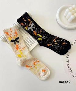 【MOSOX】幅広リボン×ペイントスプラッシュリブクルーソックス レディース 靴下