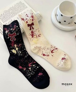 【MOSOX】リボン×ペイントスプラッシュリブクルーソックス レディース 靴下