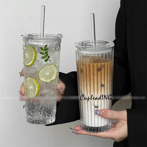 人気上昇 INSスタイル 透明ジュースカップ ガラス製 オフィス用 大容量 蓋付き ストロー付き