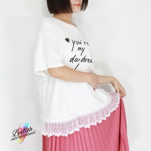 【2025年 新作 トップス】ネックラインパールビジュー付五分袖裾レースTシャツ