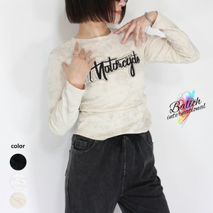 【2025年 新作 トップス】ロゴ刺繍 サイドギャザー ニュアンス総柄長袖Tシャツ