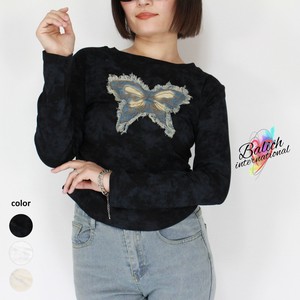 【2025年 新作 トップス】デニム立体バタフライ刺繍 サイドギャザー ニュアンス総柄長袖Tシャツ
