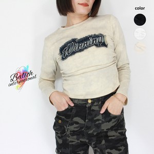 【2025年 新作 トップス】デニム立体ワッペンロゴ刺繍 サイドギャザー ニュアンス総柄長袖Tシャツ