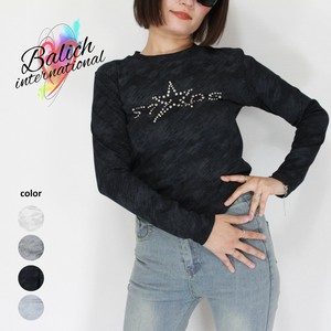 【2025年　新作　トップス】ラインストーン裾ラウンドニュアンス総柄ロングスリーブTシャツ