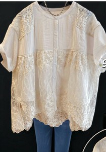シャツ  半袖  刺繡  レース ラウンドネック  無地 ゆったり  快適  レディース  9558# WXB651
