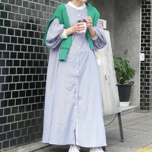 洋装/连衣裙 泡泡袖 长袖 秋 衬衫洋装/连衣裙 竖纹 秋冬