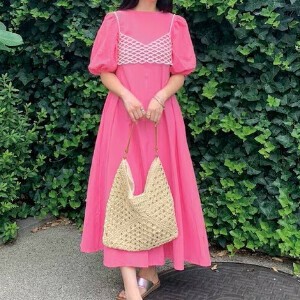 ボリュームスリーブバックリボンワンピース　春　夏　SS　秋　大人　かわいい　カラー　きれいめ　ロング