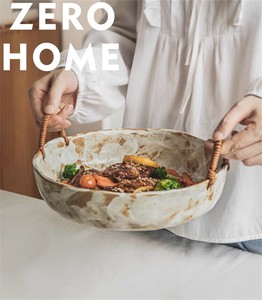 天然麻紐付き手捻り陶器 深型プレート 食事器・果実皿