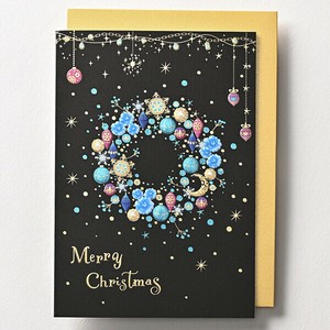 クリスマスミニカード ■ブルーのお花のリース ■箔押し、エンボス加工 ■二つ折り無地中紙付き