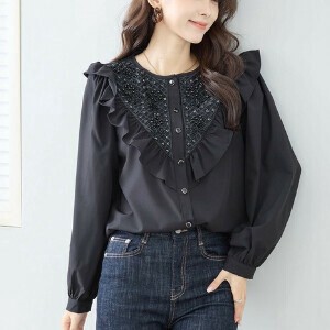 Button Shirt/Blouse Frilled Blouse