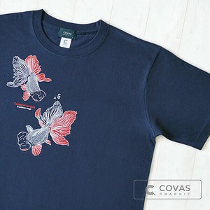 ユニセックス・プリントTシャツ　"金魚風情"　ネイビー　半袖 Tシャツ