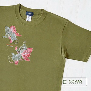 ユニセックス・プリントTシャツ　"金魚風情"　カーキ　半袖 Tシャツ