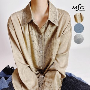 Button Shirt/Blouse Drop-shoulder Rhinestone