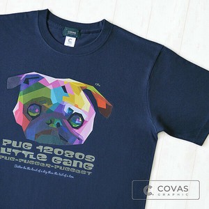 ユニセックス・プリントTシャツ　"カラフルパグ"　ネイビー　半袖 Tシャツ