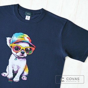 ユニセックス・プリントTシャツ　"レインボーチワワ"　ネイビー　半袖 Tシャツ
