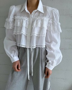 3collor パワーショルダー フリルレースブラウス 長袖シャツ 無地 長袖