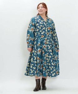 【2025秋冬新作】花柄ワンピース ロング丈 長袖 ウエストゴム 綿100％ レディース 大きいサイズ