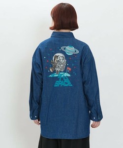 【2025秋冬新作】刺繍 デニムシャツ ブラウス 長袖 ベア ライトアウター レディース 大きいサイズ