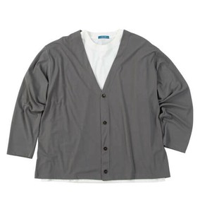 COLLINS 大きいサイズ ミニワッフル長袖カーディガン+天竺半袖Tシャツ グレー×ホワイト