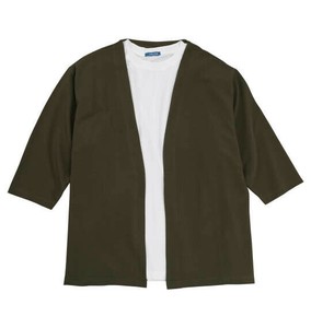 COLLINS 大きいサイズ ふくれジャガードトッパー七分袖カーディガン+天竺半袖Tシャツ カーキ×ホワイト