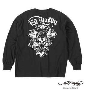 ED HARDY 大きいサイズ 天竺プリント長袖Tシャツ ブラック×シルバー