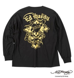 ED HARDY 大きいサイズ 天竺プリント長袖Tシャツ ブラック×ゴールド